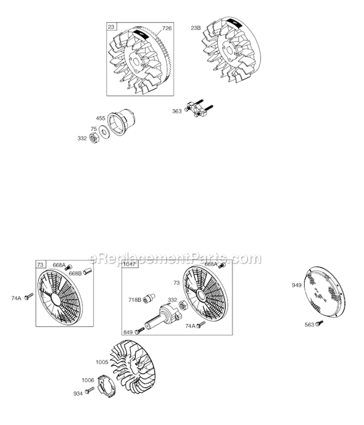 Exhaust System Diagram and Parts List for 351447-1077-E1  Briggs and Stratton Engine
